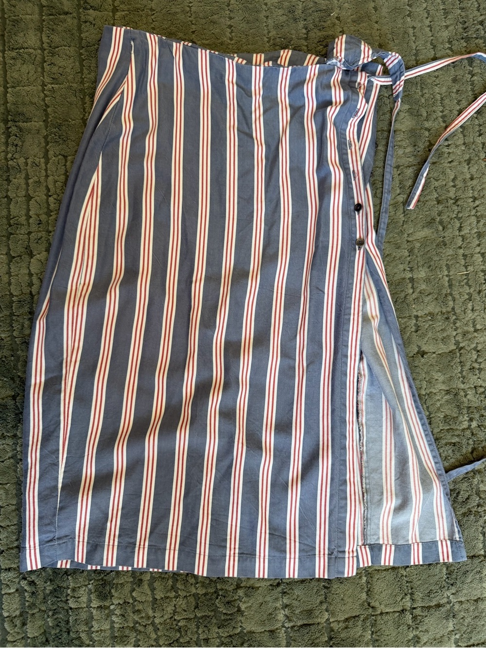 Marine Layer Navy Striped Midi Wrap Skirt with Red and White Pinstripes